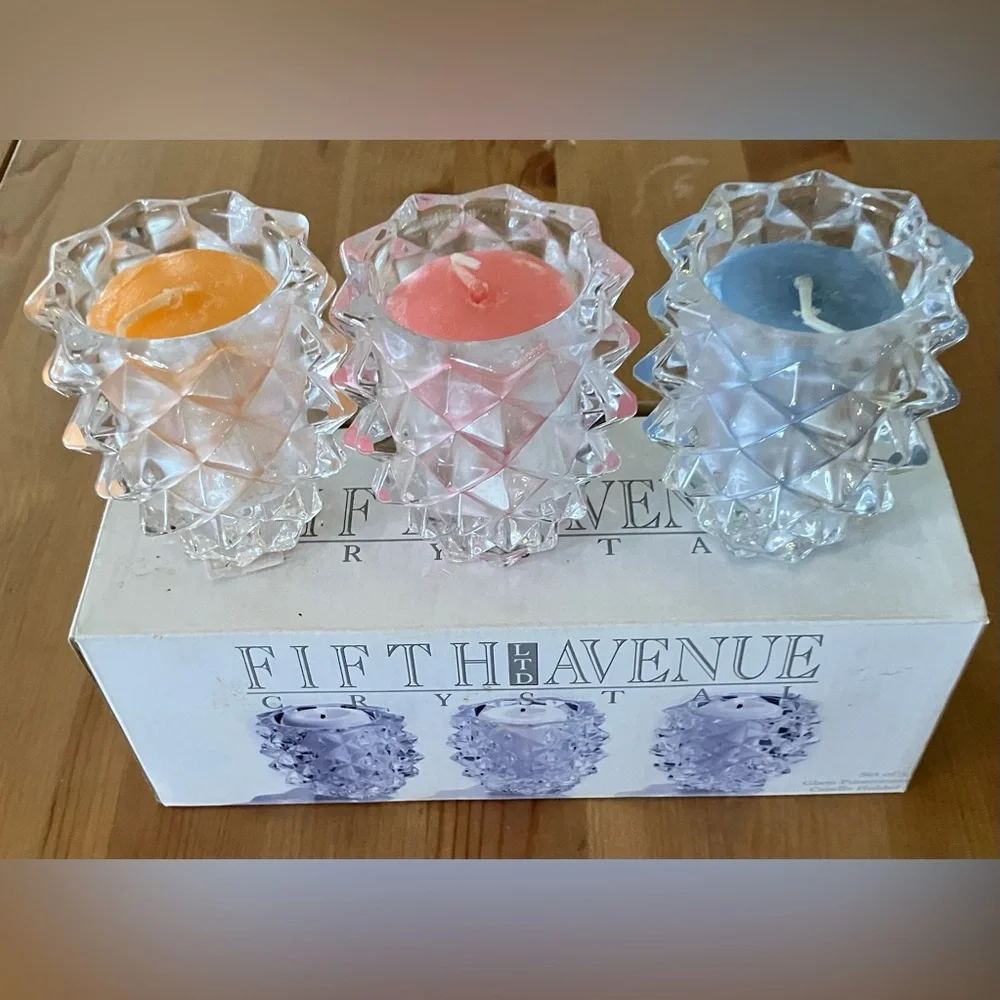 NEW Fifth Avenue Crystal Glass Pinecone Candle Holders - Set of 3, incl candles